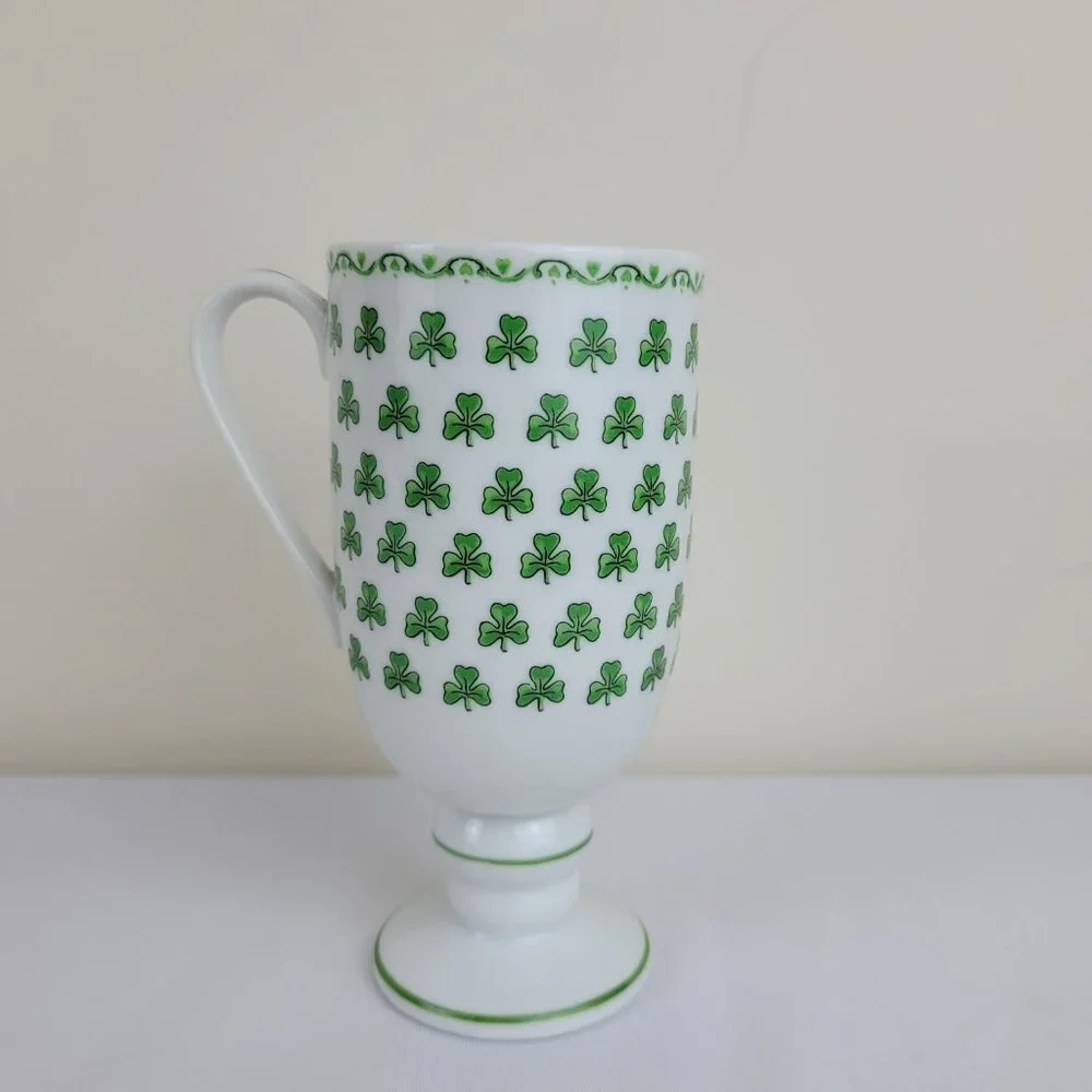 Vintage Irish Coffee Mug Footed Pedestal Green lucky Clover Shamrock 1345, Japan